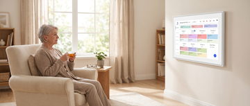 DailyHelp digital family wall calendar on the wall of a sunlit living room