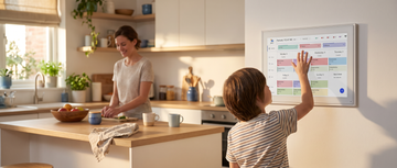 A child tapping a chore on the DailyHelp digital family wall calendar